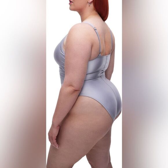 GOOD AMERICAN Silver Satin One Piece‎ Swimsuit Always Ruched Size 7 4X 4XL New - Picture 10 of 13